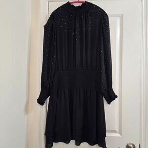 White House Black Market Long Sleeve Smocked Blouson Dress - Black W Rhinestones